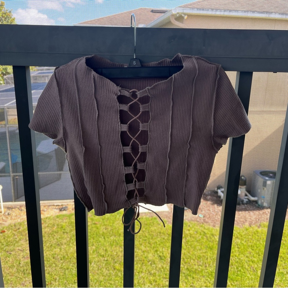 Active USA Brown Crop Tie Front Blouse